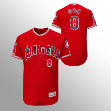 Men's Los Angeles Angels #8 Scarlet Justin Upton MLB 150th Anniversary Patch Flex Base Majestic Alternate Jersey