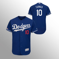 Men's Los Angeles Dodgers #10 Royal Justin Turner MLB 150th Anniversary Patch Flex Base Majestic Alternate Jersey