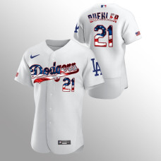 Men's Los Angeles Dodgers #21 Walker Buehler 2020 Stars & Stripes 4th of July White Jersey
