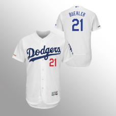 Men's Los Angeles Dodgers #21 White Walker Buehler MLB 150th Anniversary Patch Flex Base Majestic Home Jersey