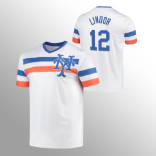 Men's New York Mets Francisco Lindor #12 White Cooperstown Collection V-Neck Jersey