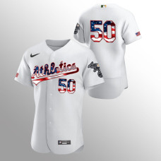 Men's Oakland Athletics #50 Mike Fiers 2020 Stars & Stripes 4th of July White Jersey