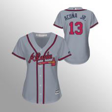 Women's Atlanta Braves Gray Majestic Road #13 Ronald Acuna Jr. 2019 Cool Base Jersey