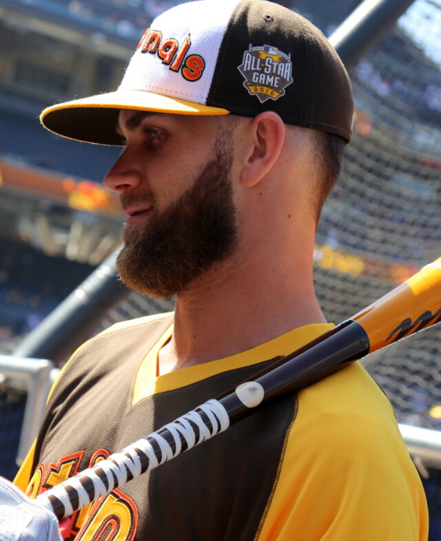 Bryce Harper looks on during Gatorade All Star Workout Day. (28377246410) (cropped)